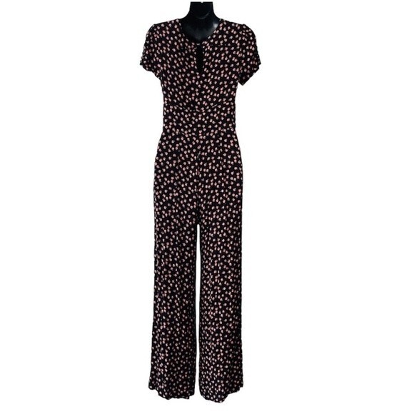 Free People Jumpsuit S 2 Floral Black Wide Leg Preppy Boho Cottagecore Coquette - Picture 3 of 12